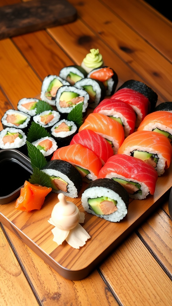 A variety of sushi rolls including salmon, avocado, and cucumber, served with soy sauce and garnished with ginger and wasabi on a rustic table.
